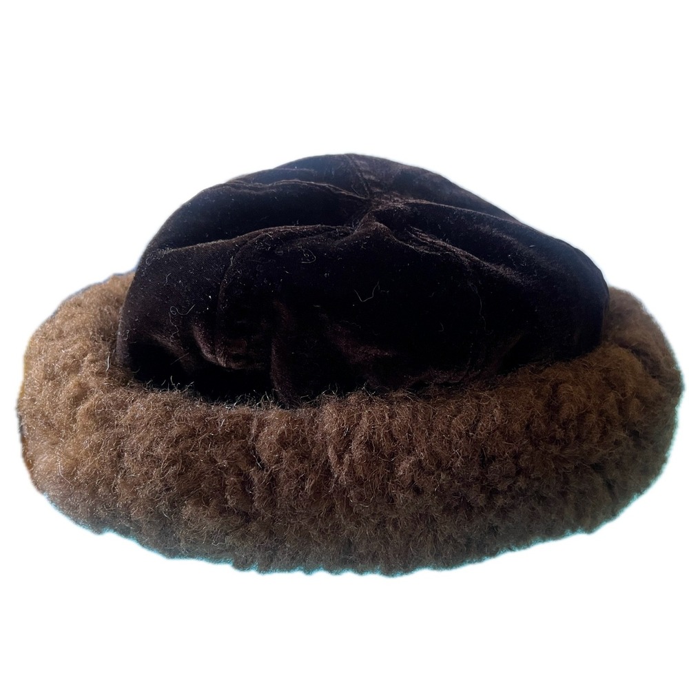 Vintage Brown Velvet Faux Fur Trim Pillbox Hat Quilted Lining Winter Accessories